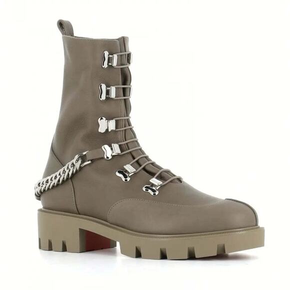 Christian Louboutin Horse Flat Silex Grey Leather Combat Lace Up Chain Boot 37 - Picture 3 of 12